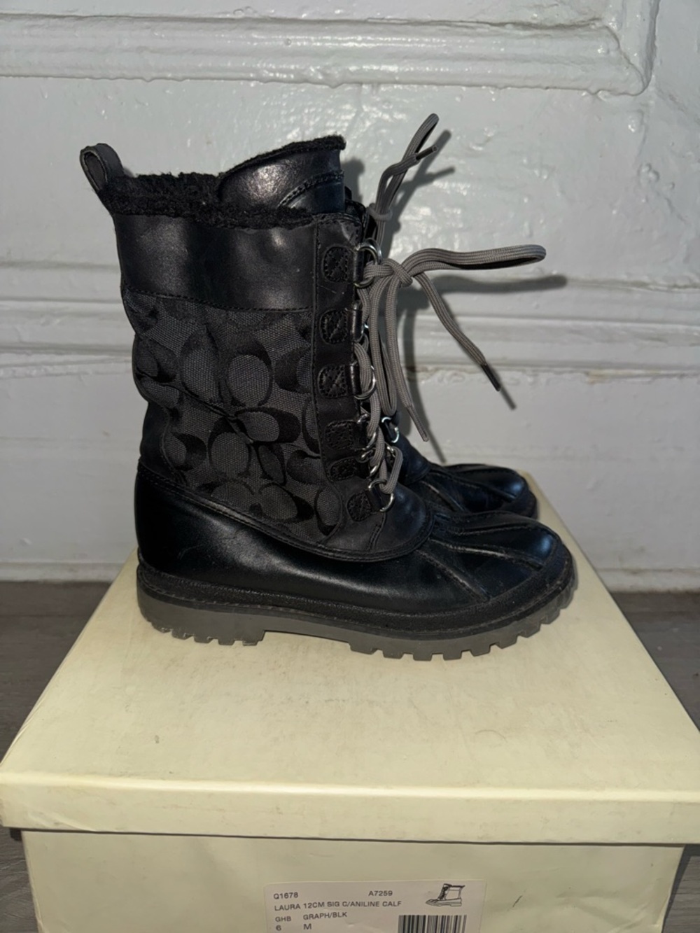 Coach Black Lace-Up Duck Boots with Gray Laces and Quilted Sides - Picture 2 of 6
